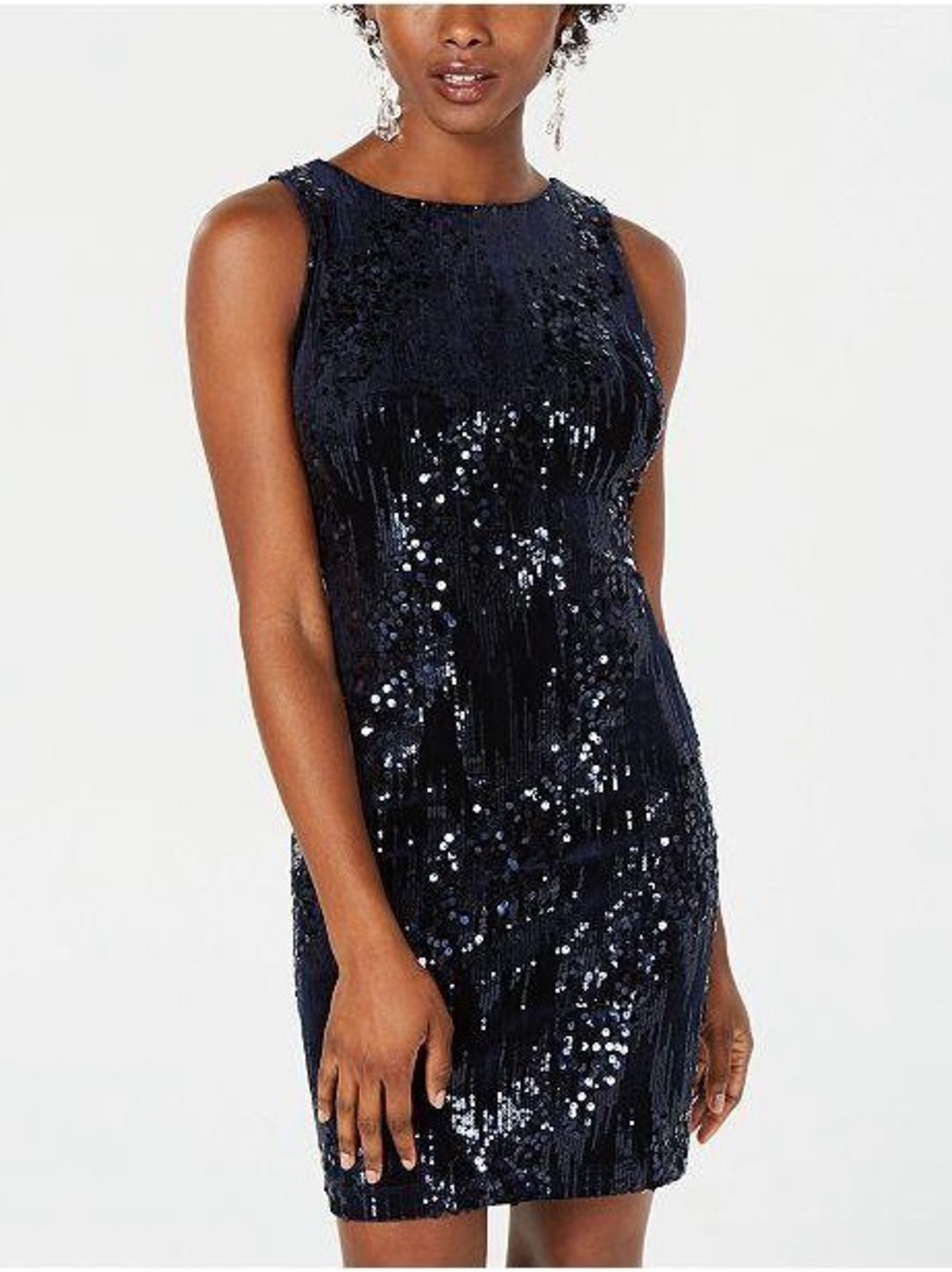 Navy Velvet Sequin Bodycon Sleeveless Sheath Dress (M)
